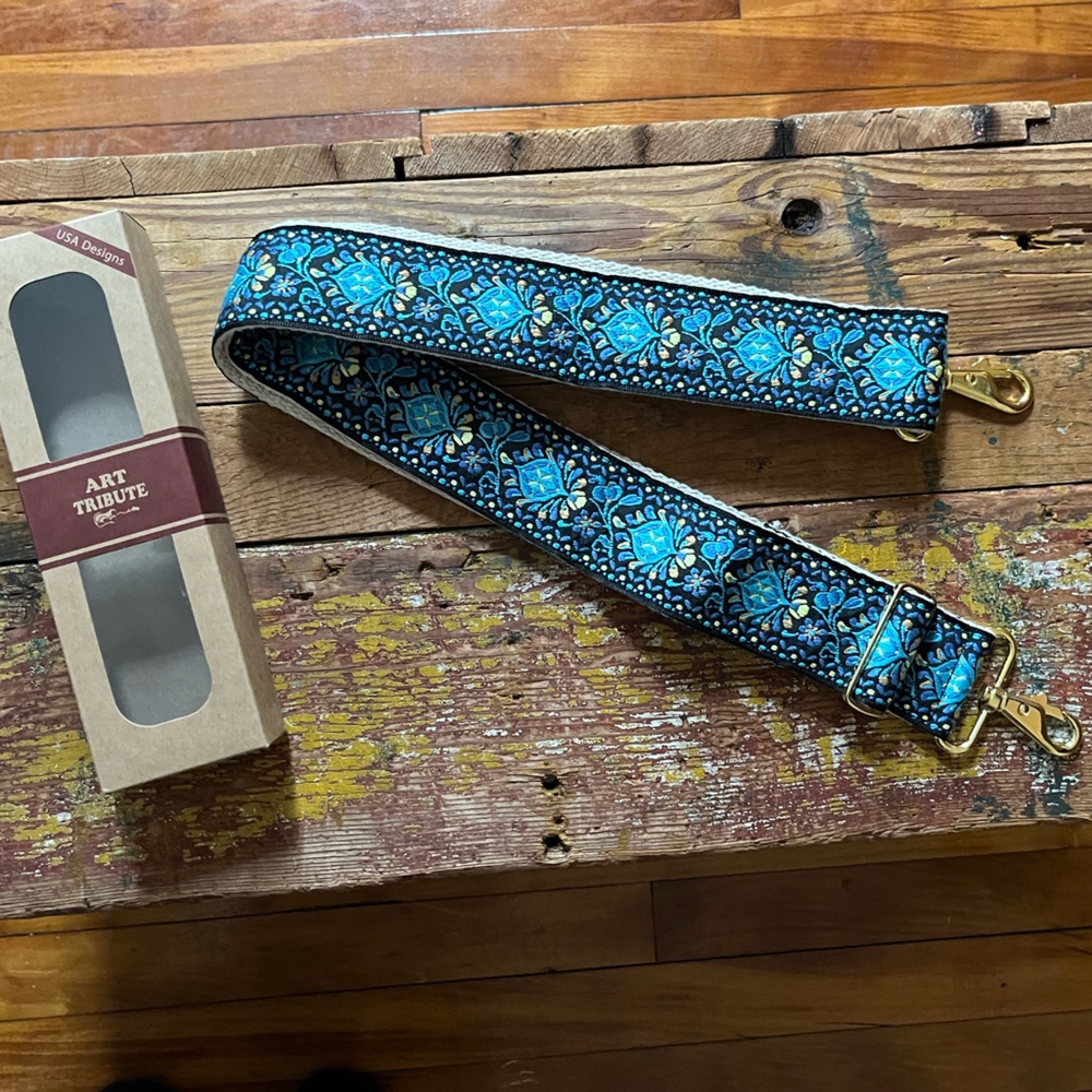 Blue and Gold woven adjustable purse camera or guitar strap